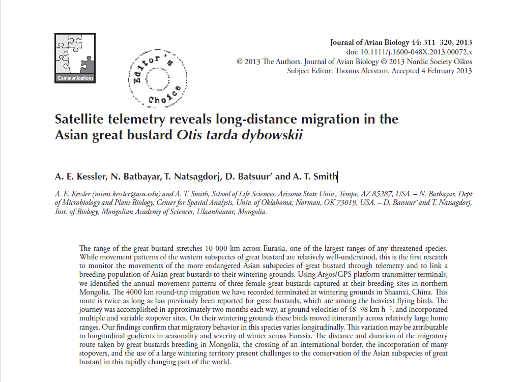 Satellite telemetry reveals long-distance migration in the Asian great bustard Otis tarda dybowskii